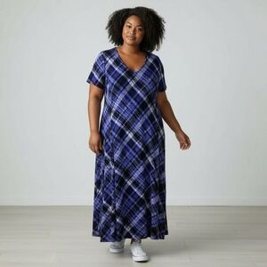 Woman Within Dress Women L 18/20 Purple Plus Size Plaid Maxi Flowy Casual Picnic